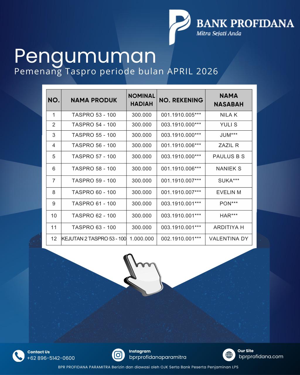 PEMENANG TABUNGAN TASPRO PERIODE APRIL 2026